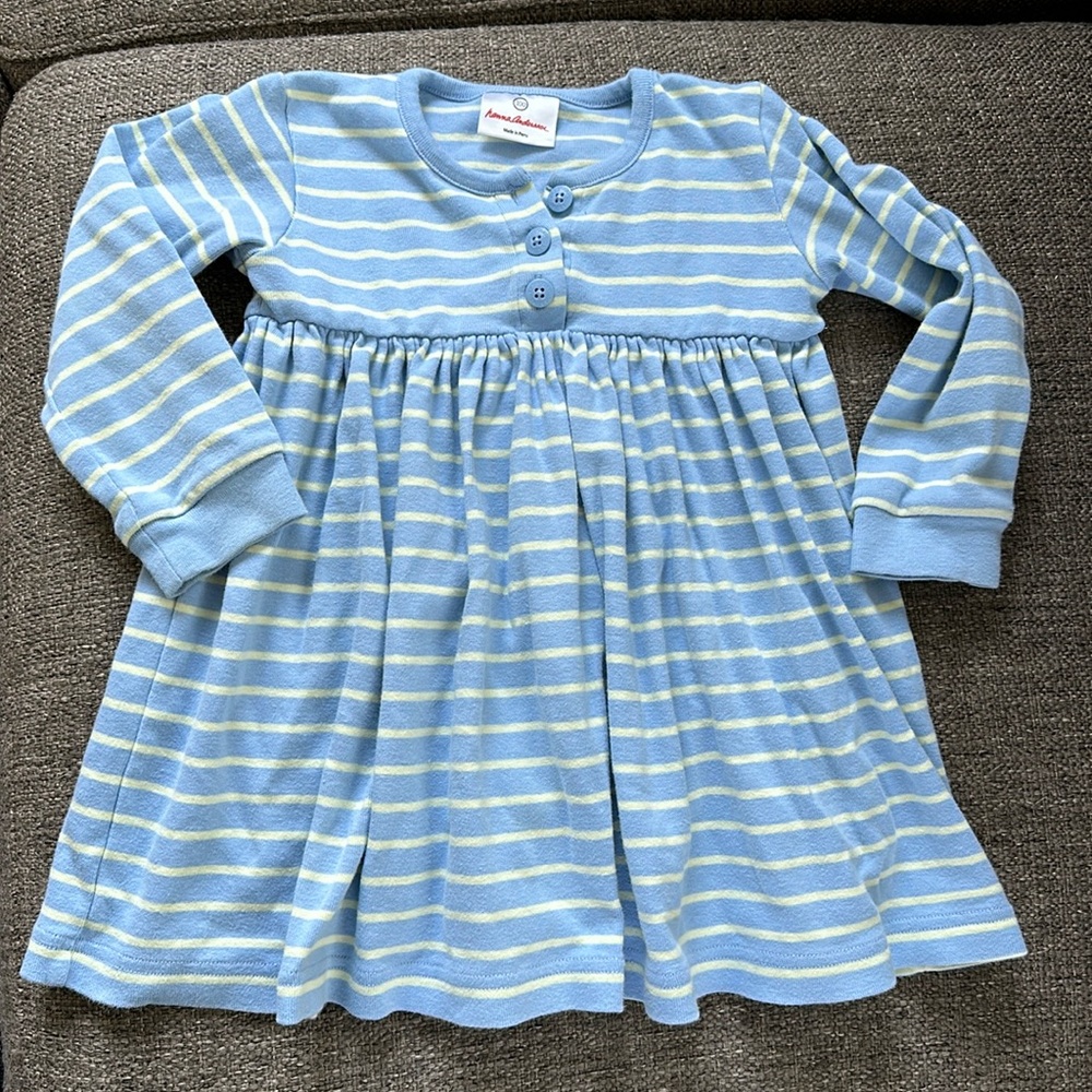 Hanna Andersson Toddler Girls Blue White Striped Cotton Dress Sz 100 / 4 💙